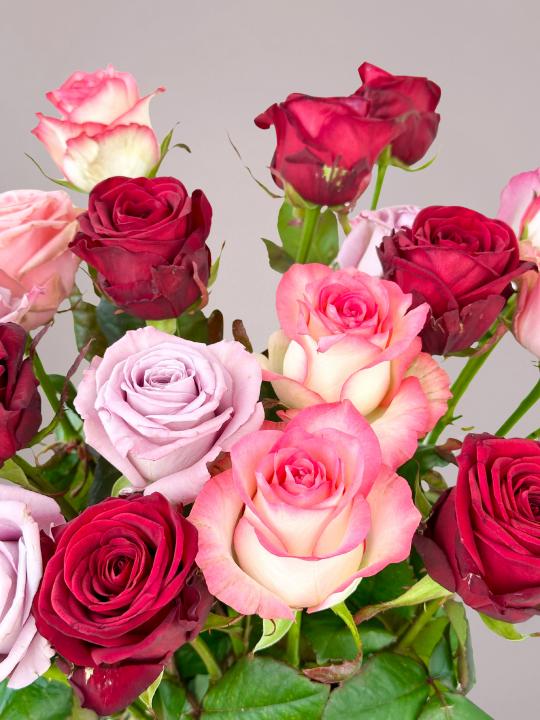 Luxe boeket met rode rozen en roze rozen in één arrangement, een kleurrijk en elegant rozenboeket.