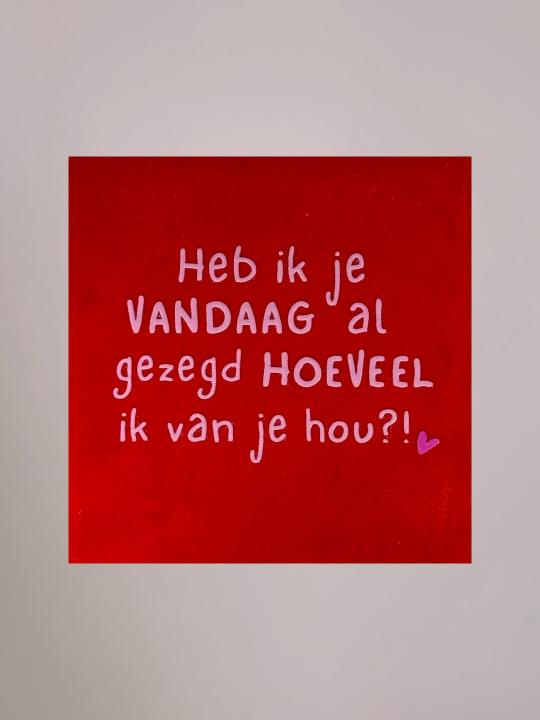 Rood keramieken tegeltje met lichtroze tekst “Heb ik vandaag al gezegd hoeveel ik van je hou?!” en felroze hartje