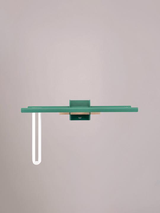 Groene bloemenplank van Studio Mippe met reageerbuisje, perfect voor botanische bloemen aan de muur.