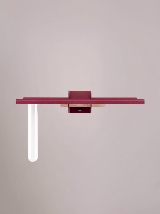 Bordeaux bloemenstandaard met reageerbuisje van Studio Mippe, ideaal voor warme bloemen aan de muur.