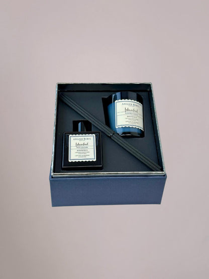 Inhoud van de Bosphorus cadeau‑set: geurstokjes 50 ml en kaars 65 g
