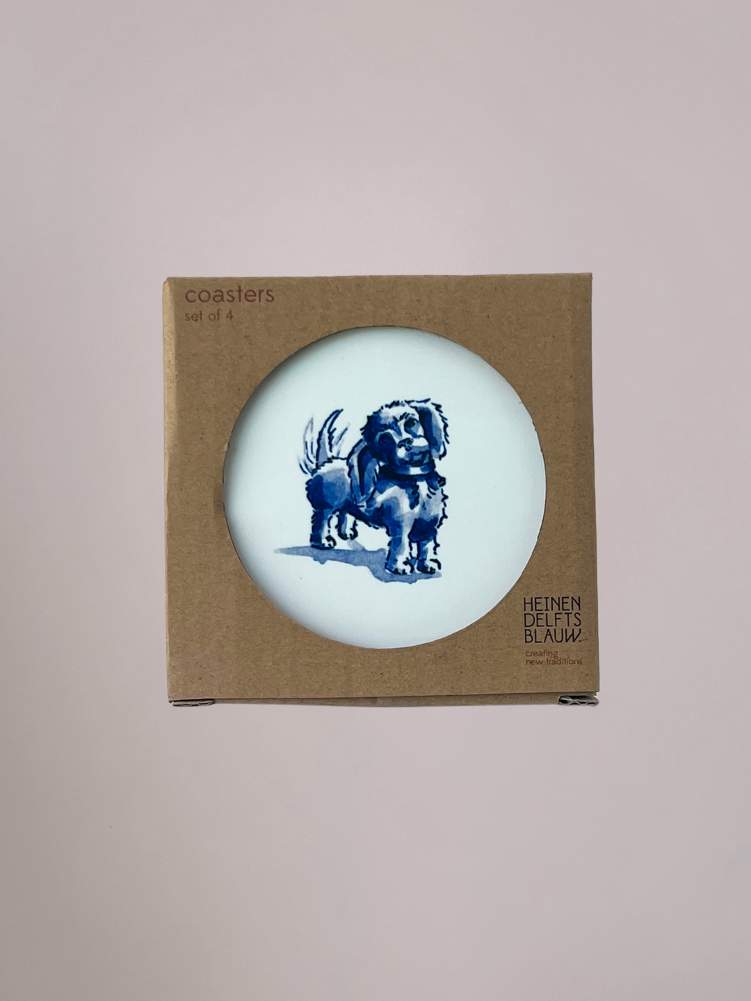 Set van 4 keramische Teckel Onderzetters van Heinen Delfts Blauw met Delfts blauwe teckel illustraties en kurk onderzijde