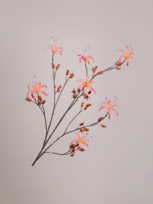 Silk-ka rozenbottel kunsttak zalm 130 cm met natuurlijke bessen en lange steel in vaas