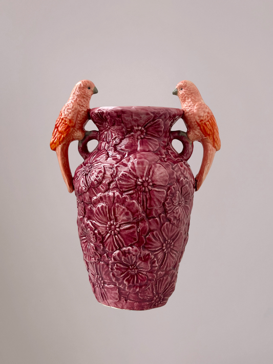Stenen paarse vaas met vogelmotief, decoratieve en stijlvolle woonaccessoire