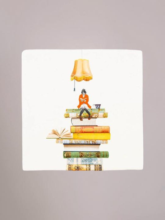 StoryTiles tegel 10x10 cm met illustratie van boekenwurm – leesliefde en verhaal