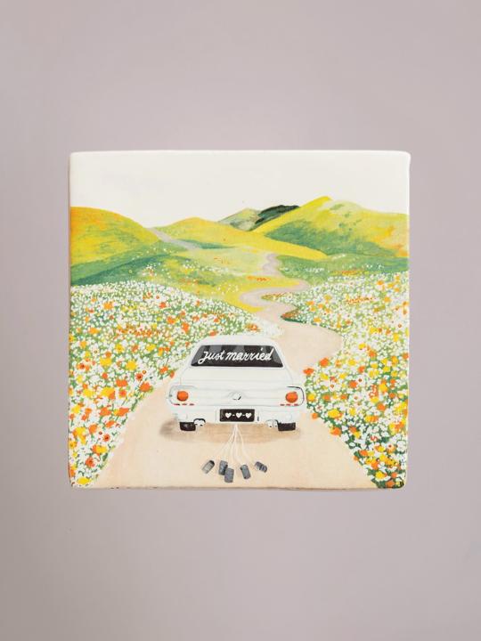 StoryTiles tegel 10x10 cm met romantische illustratie van Just Married – handgemaakt en symbolisch