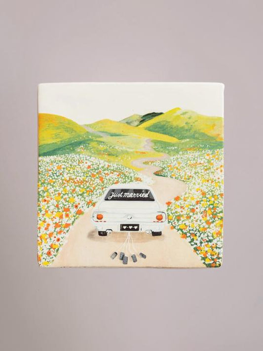 StoryTiles tegel 10x10 cm met romantische illustratie van Just Married – handgemaakt en symbolisch