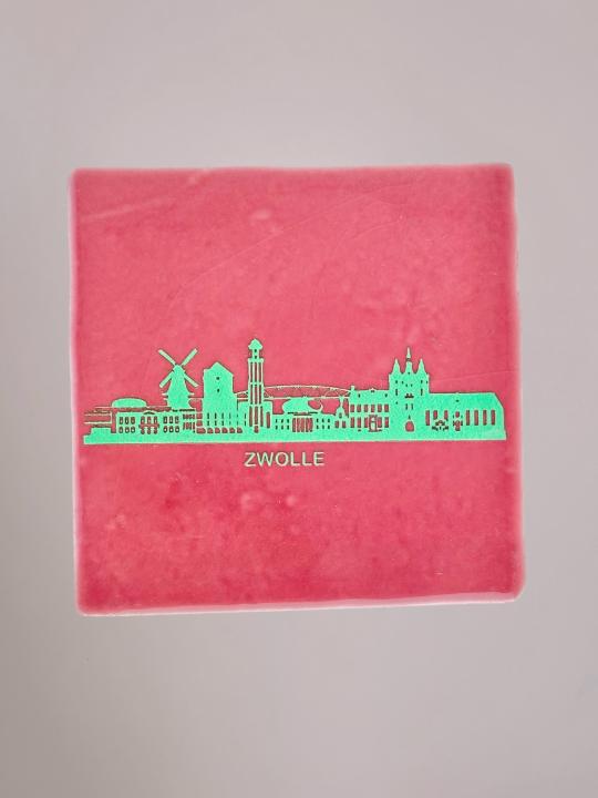Vrolijk roze Zwolle-tegeltje met mintgroene print dat elk hoekje van je huis spontaan opfrist; exclusief van Yett Agenturen voor Anja Bloementrends.