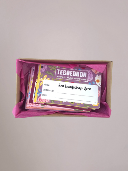 Moederdag tegoeddoosje met bonnen voor klusjes, ideaal om je moeder te verrassen.