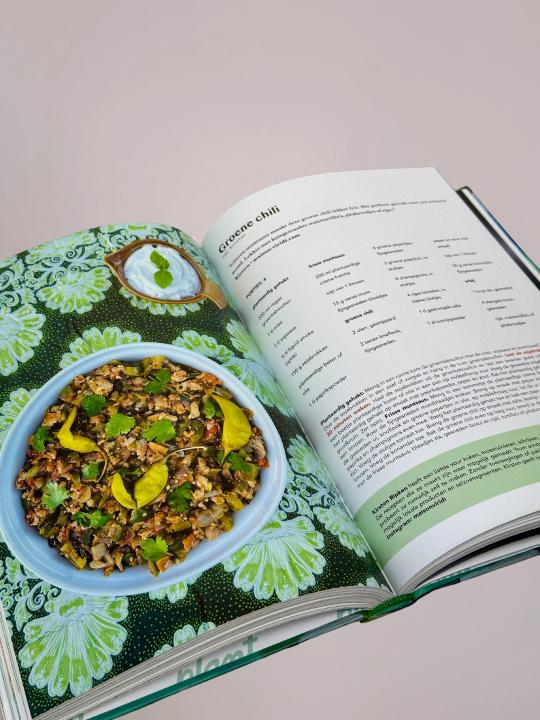 Open pagina van Vegan met Vrienden met het recept voor groene curry en bijbehorende kunstillustratie, exclusief bij Anja Bloementrends.