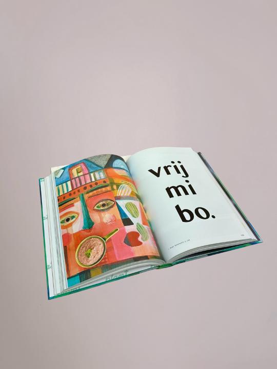 Impressiepagina van Vegan met Vrienden met VrijMiBo-tekst en kunstillustratie, verkrijgbaar bij Anja Bloementrends in Zwolle.