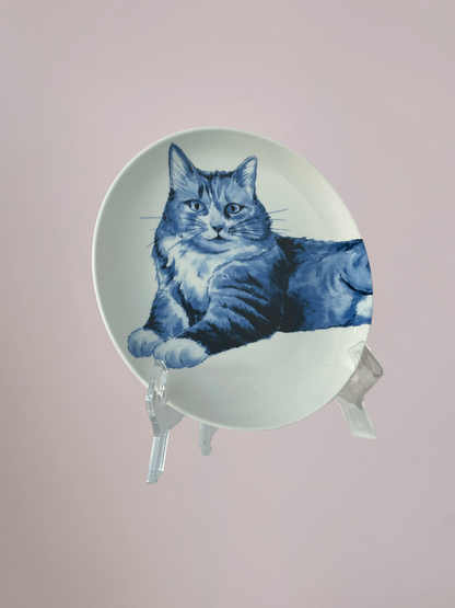 Wandbordpaar Kat Heinen Delfts Blauw 26,5 cm – twee borden vormen samen een kat, blauw-witte keramische wanddecoratie