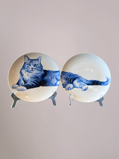 Wandbordpaar Kat Heinen Delfts Blauw 26,5 cm – twee borden vormen samen een kat, blauw-witte keramische wanddecoratie