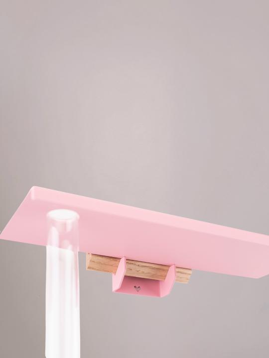 Achterzijde van de lichtroze bloemenplank met bracket voor bloemen aan de muur.