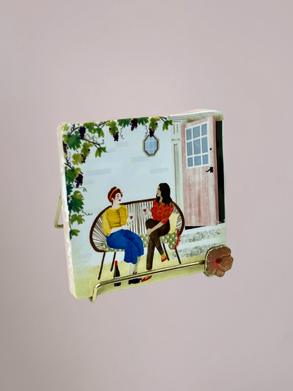 StoryTiles tegeltje Wine O’Clock met gezellige borrel en wijn illustratie op keramisch tegeltje van 10x10 cm