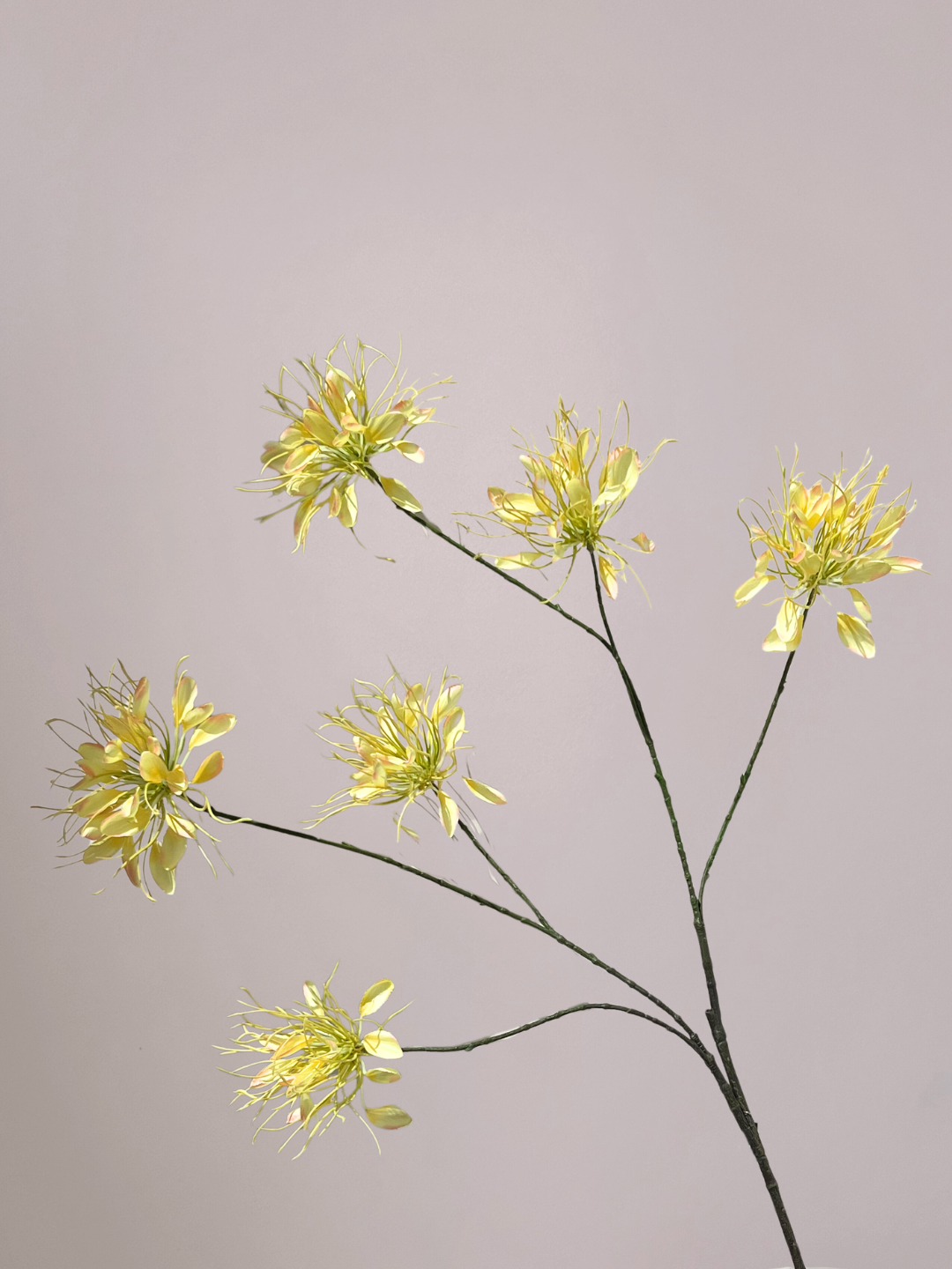 Zijde Lycoris tak geel 115 cm met elegante gele bloemen in hoge decoratieve vaas